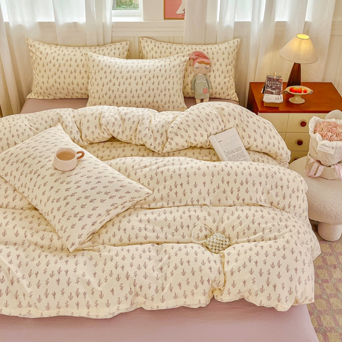 91家纺网 家纺一手货源 找家纺 斯卡诺家纺 2026爆款古法水洗仿棉四件套韩国小布袋五件套（高克重斜纹加厚） 花季