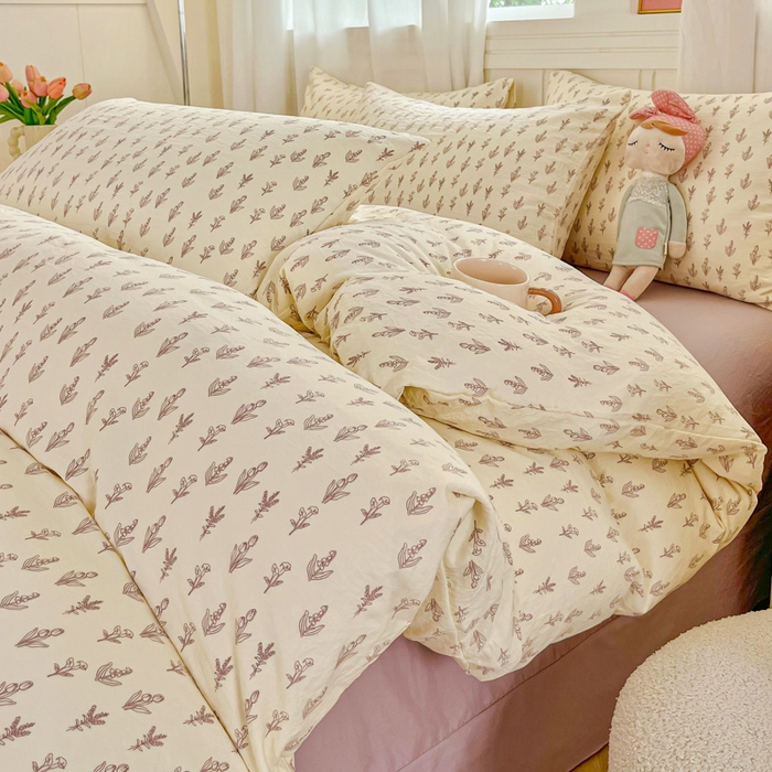 91家纺网 家纺一手货源 找家纺 斯卡诺家纺 2026爆款古法水洗仿棉四件套韩国小布袋五件套（高克重斜纹加厚） 花季