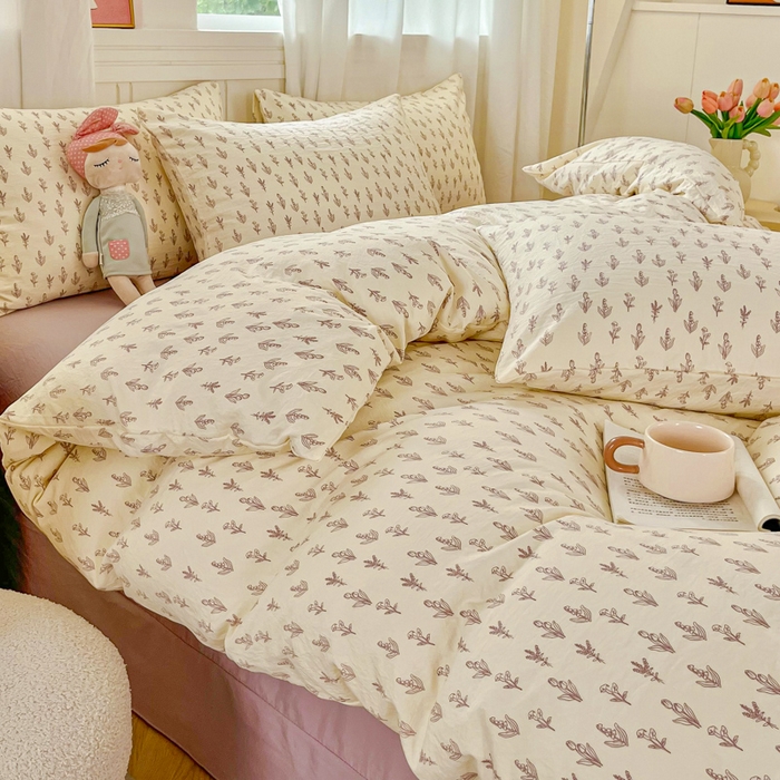 91家纺网 家纺一手货源 找家纺 斯卡诺家纺 2026爆款古法水洗仿棉四件套韩国小布袋五件套（高克重斜纹加厚） 花季