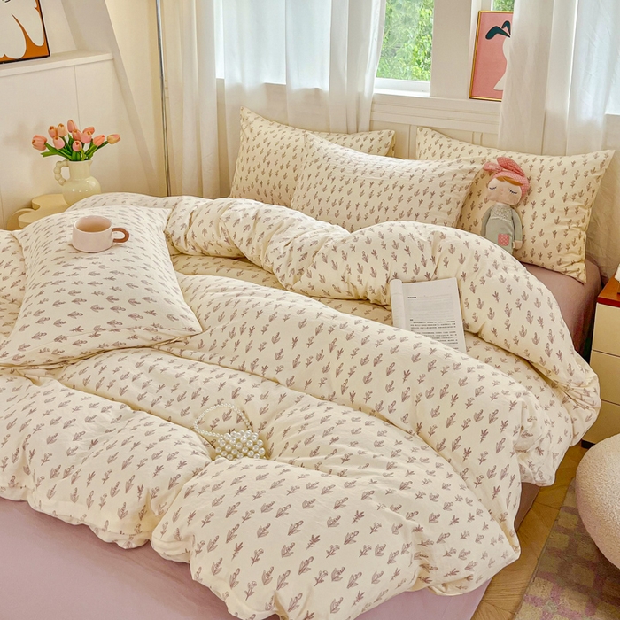 91家纺网 家纺一手货源 找家纺 斯卡诺家纺 2026爆款古法水洗仿棉四件套韩国小布袋五件套（高克重斜纹加厚） 花季