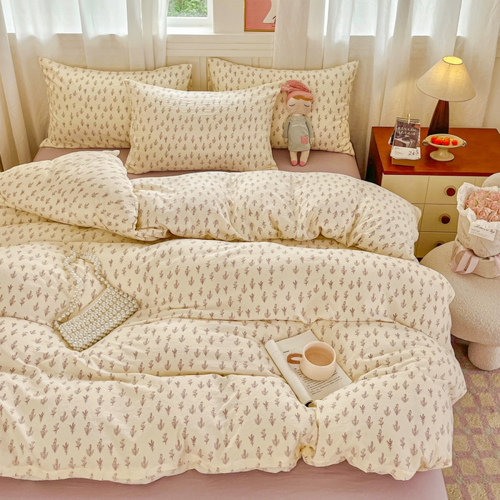 91家纺网 家纺一手货源 找家纺 斯卡诺家纺 2026爆款古法水洗仿棉四件套韩国小布袋五件套（高克重斜纹加厚） 花季