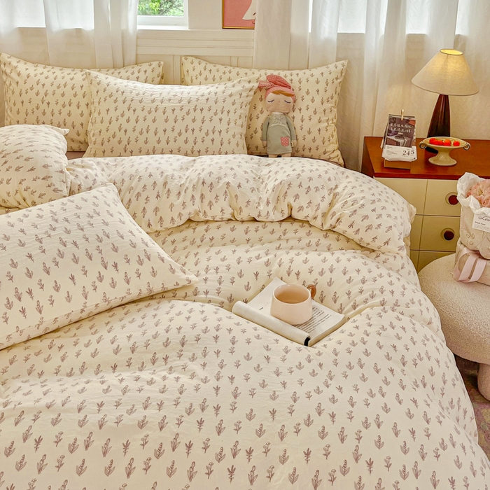 91家纺网 家纺一手货源 找家纺 斯卡诺家纺 2026爆款古法水洗仿棉四件套韩国小布袋五件套（高克重斜纹加厚） 花季