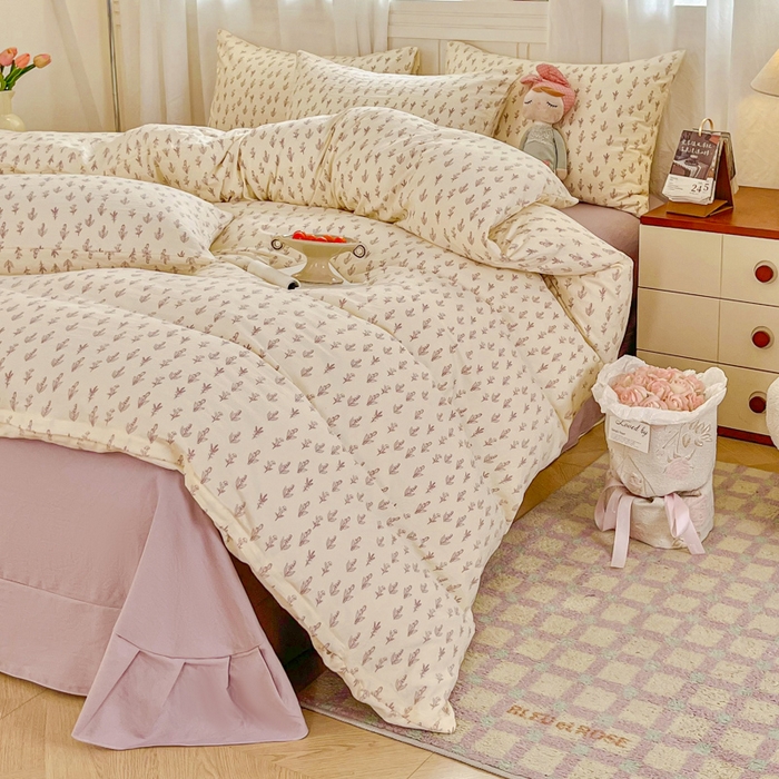 91家纺网 家纺一手货源 找家纺 斯卡诺家纺 2026爆款古法水洗仿棉四件套韩国小布袋五件套（高克重斜纹加厚） 花季