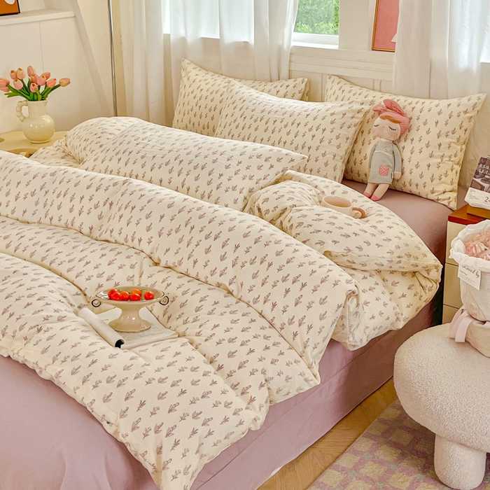 91家纺网 家纺一手货源 找家纺 斯卡诺家纺 2026爆款古法水洗仿棉四件套韩国小布袋五件套（高克重斜纹加厚） 花季