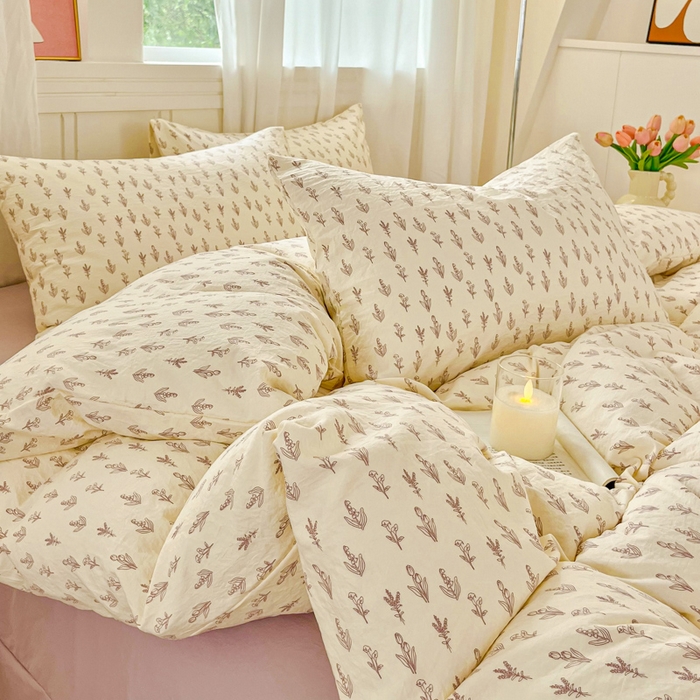 91家纺网 家纺一手货源 找家纺 斯卡诺家纺 2026爆款古法水洗仿棉四件套韩国小布袋五件套（高克重斜纹加厚） 花季