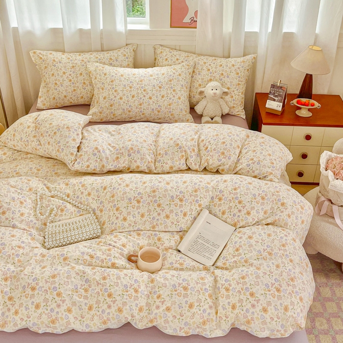 91家纺网 家纺一手货源 找家纺 斯卡诺家纺 2026爆款古法水洗仿棉四件套韩国小布袋五件套（高克重斜纹加厚） 花漾