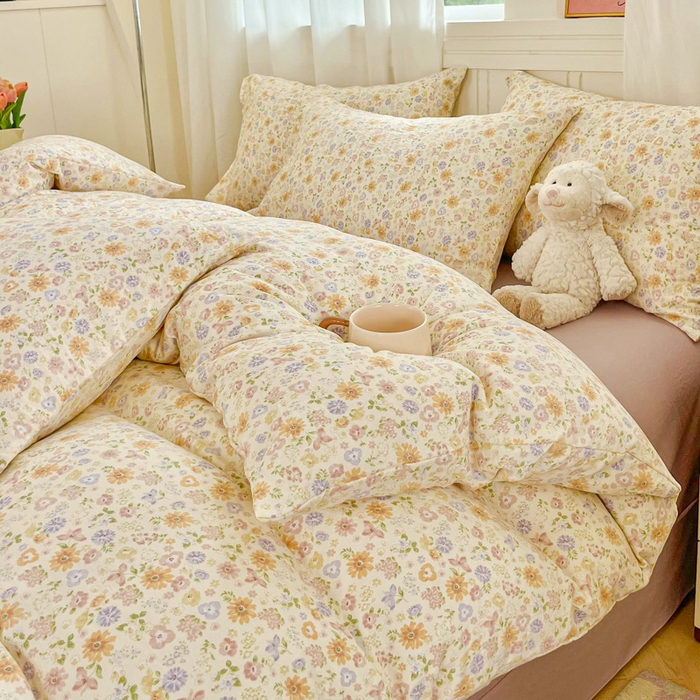 91家纺网 家纺一手货源 找家纺 斯卡诺家纺 2026爆款古法水洗仿棉四件套韩国小布袋五件套（高克重斜纹加厚） 花漾