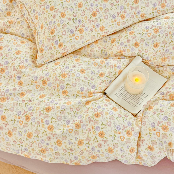 91家纺网 家纺一手货源 找家纺 斯卡诺家纺 2026爆款古法水洗仿棉四件套韩国小布袋五件套（高克重斜纹加厚） 花漾