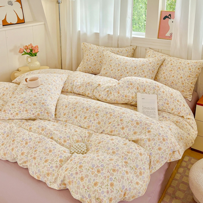 91家纺网 家纺一手货源 找家纺 斯卡诺家纺 2026爆款古法水洗仿棉四件套韩国小布袋五件套（高克重斜纹加厚） 花漾