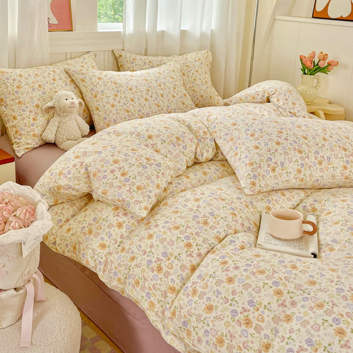 91家纺网 家纺一手货源 找家纺 斯卡诺家纺 2026爆款古法水洗仿棉四件套韩国小布袋五件套（高克重斜纹加厚） 花漾