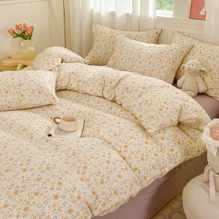 91家纺网 家纺一手货源 找家纺 斯卡诺家纺 2026爆款古法水洗仿棉四件套韩国小布袋五件套（高克重斜纹加厚） 花漾