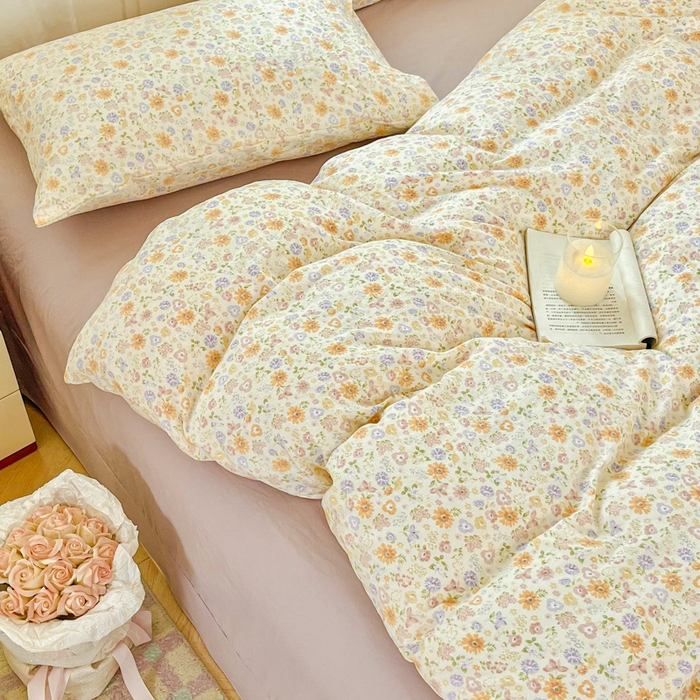 91家纺网 家纺一手货源 找家纺 斯卡诺家纺 2026爆款古法水洗仿棉四件套韩国小布袋五件套（高克重斜纹加厚） 花漾