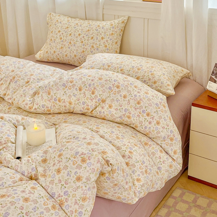 91家纺网 家纺一手货源 找家纺 斯卡诺家纺 2026爆款古法水洗仿棉四件套韩国小布袋五件套（高克重斜纹加厚） 花漾