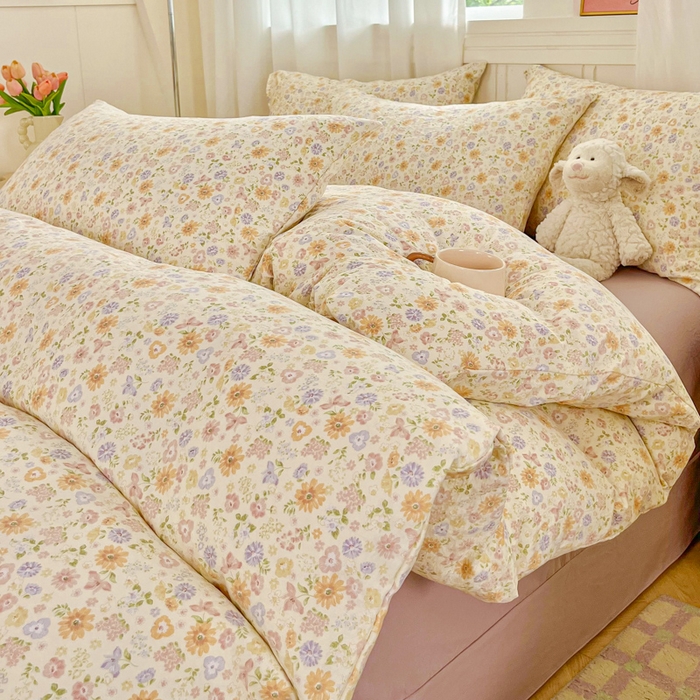 91家纺网 家纺一手货源 找家纺 斯卡诺家纺 2026爆款古法水洗仿棉四件套韩国小布袋五件套（高克重斜纹加厚） 花漾