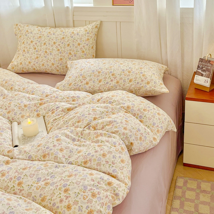 91家纺网 家纺一手货源 找家纺 斯卡诺家纺 2026爆款古法水洗仿棉四件套韩国小布袋五件套（高克重斜纹加厚） 花漾