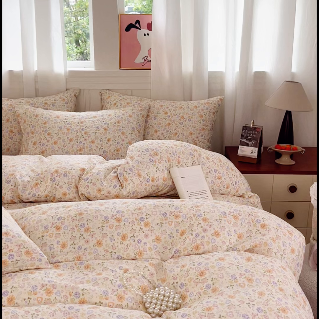 91家纺网 家纺一手货源 找家纺 斯卡诺家纺 2026爆款古法水洗仿棉四件套韩国小布袋五件套（高克重斜纹加厚） 花漾