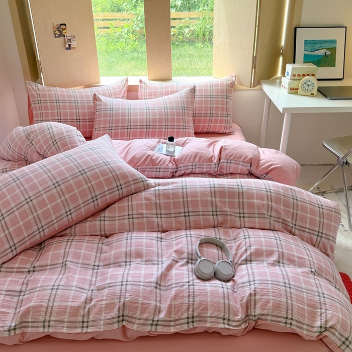 91家纺网 家纺一手货源 找家纺 （总）晚爱家纺（原晚安家居） 2025无印风四件套经典格子超柔水洗棉四件套