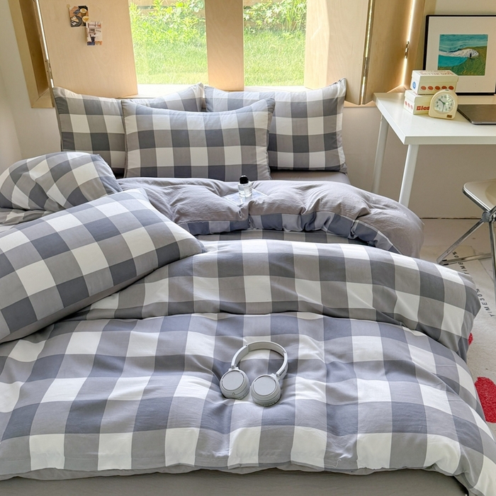 91家纺网 家纺一手货源 找家纺 （总）晚爱家纺（原晚安家居） 2025无印风四件套经典格子超柔水洗棉四件套