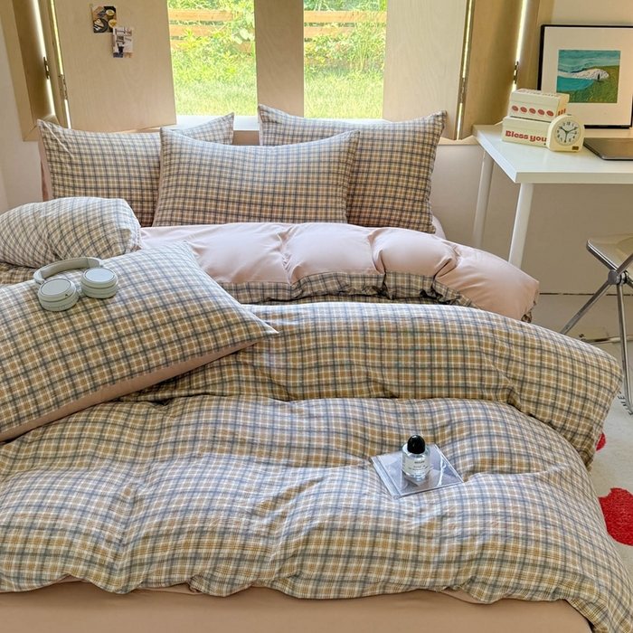 91家纺网 家纺一手货源 找家纺 （总）晚爱家纺（原晚安家居） 2025无印风四件套经典格子超柔水洗棉四件套