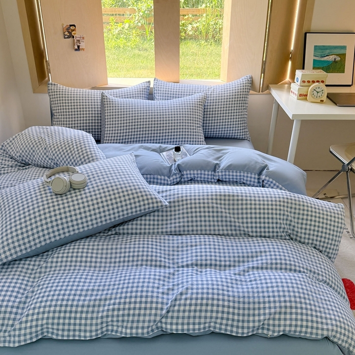 91家纺网 家纺一手货源 找家纺 （总）晚爱家纺（原晚安家居） 2025无印风四件套经典格子超柔水洗棉四件套