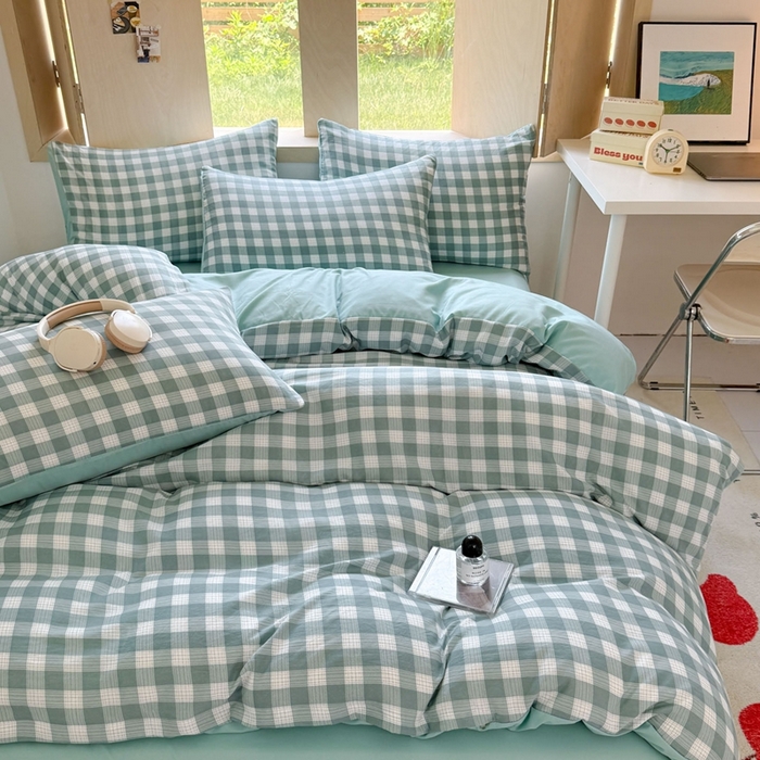 91家纺网 家纺一手货源 找家纺 （总）晚爱家纺（原晚安家居） 2025无印风四件套经典格子超柔水洗棉四件套