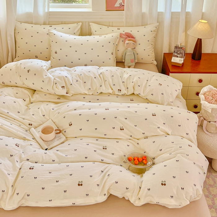 91家纺网 家纺一手货源 找家纺 斯卡诺家纺 2026爆款古法水洗仿棉四件套韩国小布袋五件套（高克重斜纹加厚） 甜美樱桃