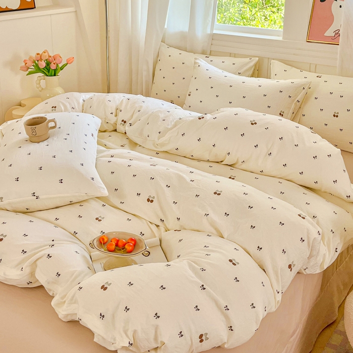 91家纺网 家纺一手货源 找家纺 斯卡诺家纺 2026爆款古法水洗仿棉四件套韩国小布袋五件套（高克重斜纹加厚） 甜美樱桃