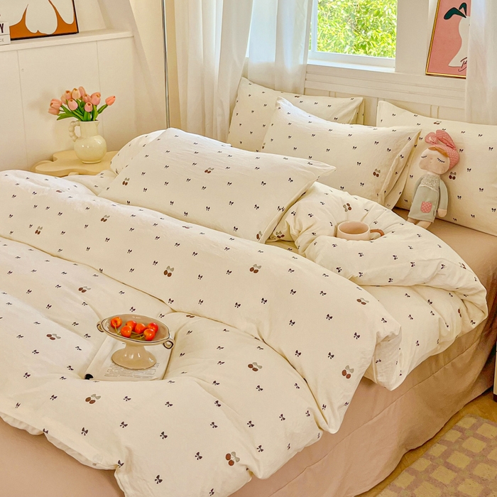 91家纺网 家纺一手货源 找家纺 斯卡诺家纺 2026爆款古法水洗仿棉四件套韩国小布袋五件套（高克重斜纹加厚） 甜美樱桃