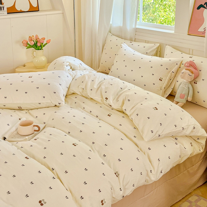 91家纺网 家纺一手货源 找家纺 斯卡诺家纺 2026爆款古法水洗仿棉四件套韩国小布袋五件套（高克重斜纹加厚） 甜美樱桃