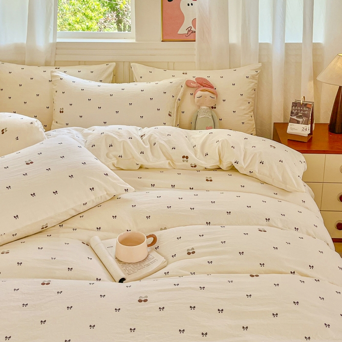 91家纺网 家纺一手货源 找家纺 斯卡诺家纺 2026爆款古法水洗仿棉四件套韩国小布袋五件套（高克重斜纹加厚） 甜美樱桃