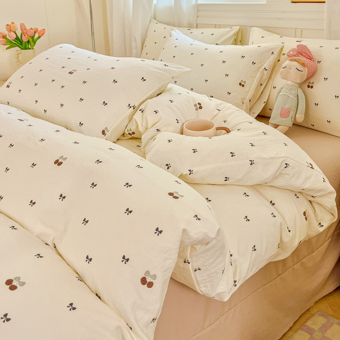 91家纺网 家纺一手货源 找家纺 斯卡诺家纺 2026爆款古法水洗仿棉四件套韩国小布袋五件套（高克重斜纹加厚） 甜美樱桃