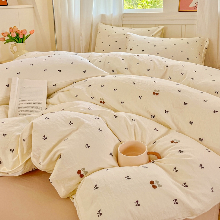 91家纺网 家纺一手货源 找家纺 斯卡诺家纺 2026爆款古法水洗仿棉四件套韩国小布袋五件套（高克重斜纹加厚） 甜美樱桃