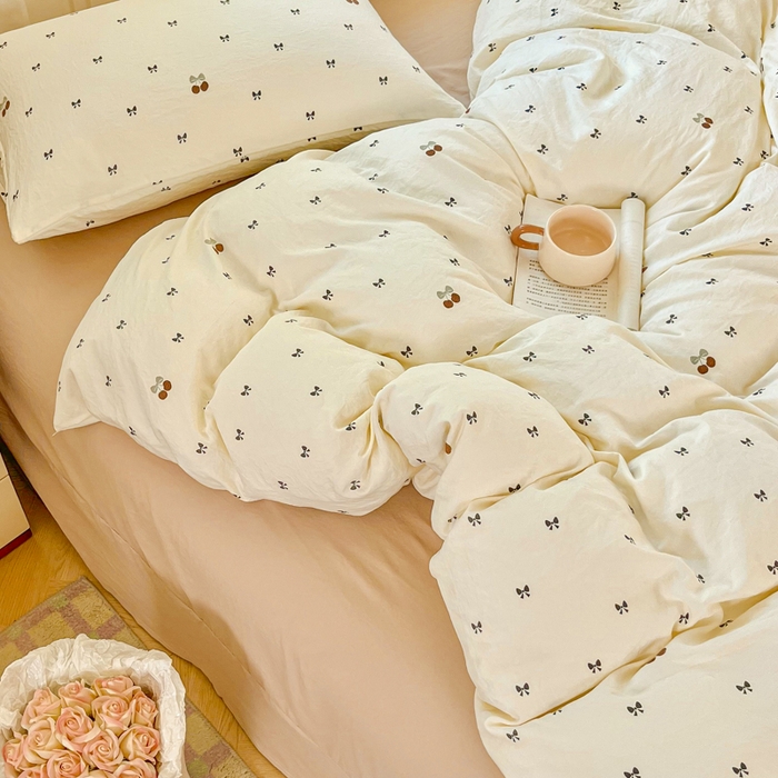 91家纺网 家纺一手货源 找家纺 斯卡诺家纺 2026爆款古法水洗仿棉四件套韩国小布袋五件套（高克重斜纹加厚） 甜美樱桃