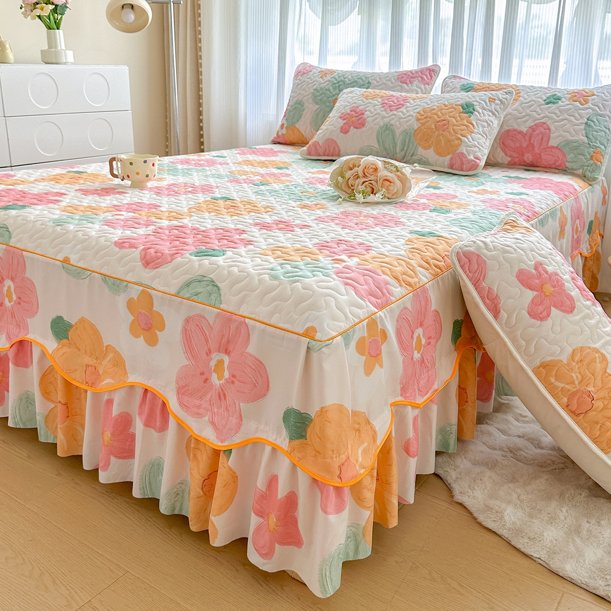 91家纺网 家纺一手货源 找家纺 （总）笠裙家纺 2025新款磨毛夹棉S边单件三件套韩版防滑床裙单床裙床裙单件