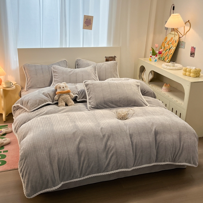 91家纺网 家纺一手货源 找家纺 蓝极人 2025新款成品提花包边牛奶绒四件套 提花-高级灰