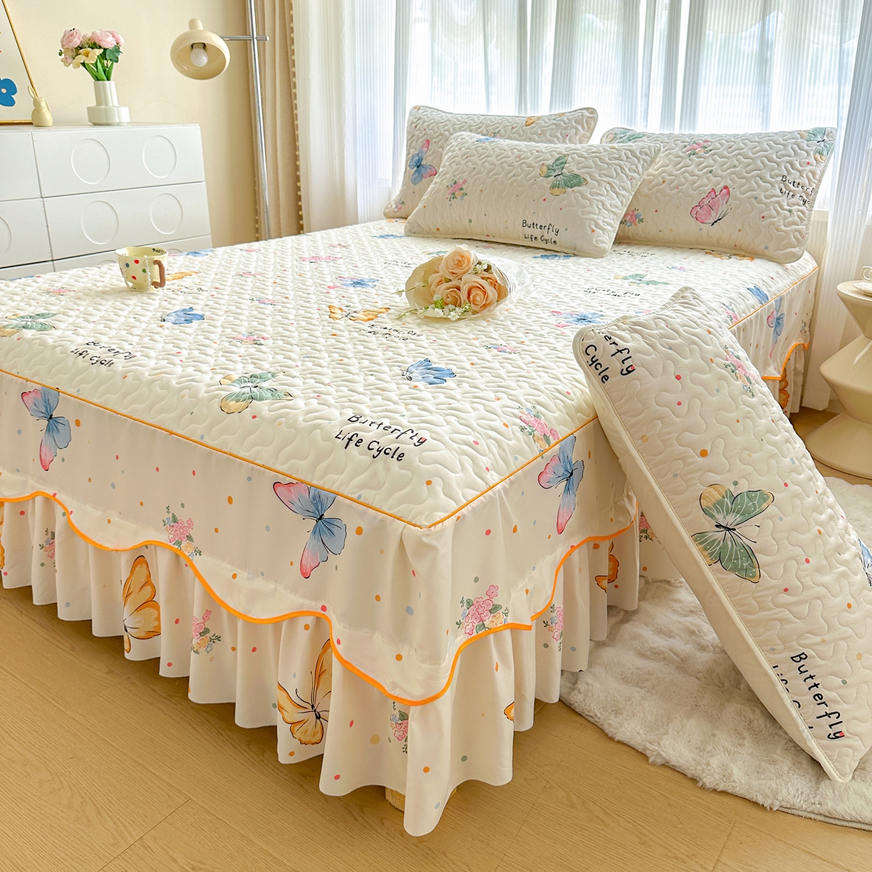 91家纺网 家纺一手货源 找家纺 （总）笠裙家纺 2025新款磨毛夹棉S边单件三件套韩版防滑床裙单床裙床裙单件