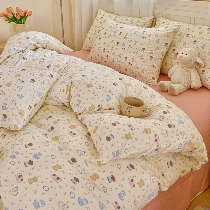 91家纺网 家纺一手货源 找家纺 斯卡诺家纺 2026爆款古法水洗仿棉四件套韩国小布袋五件套（高克重斜纹加厚） 西高地