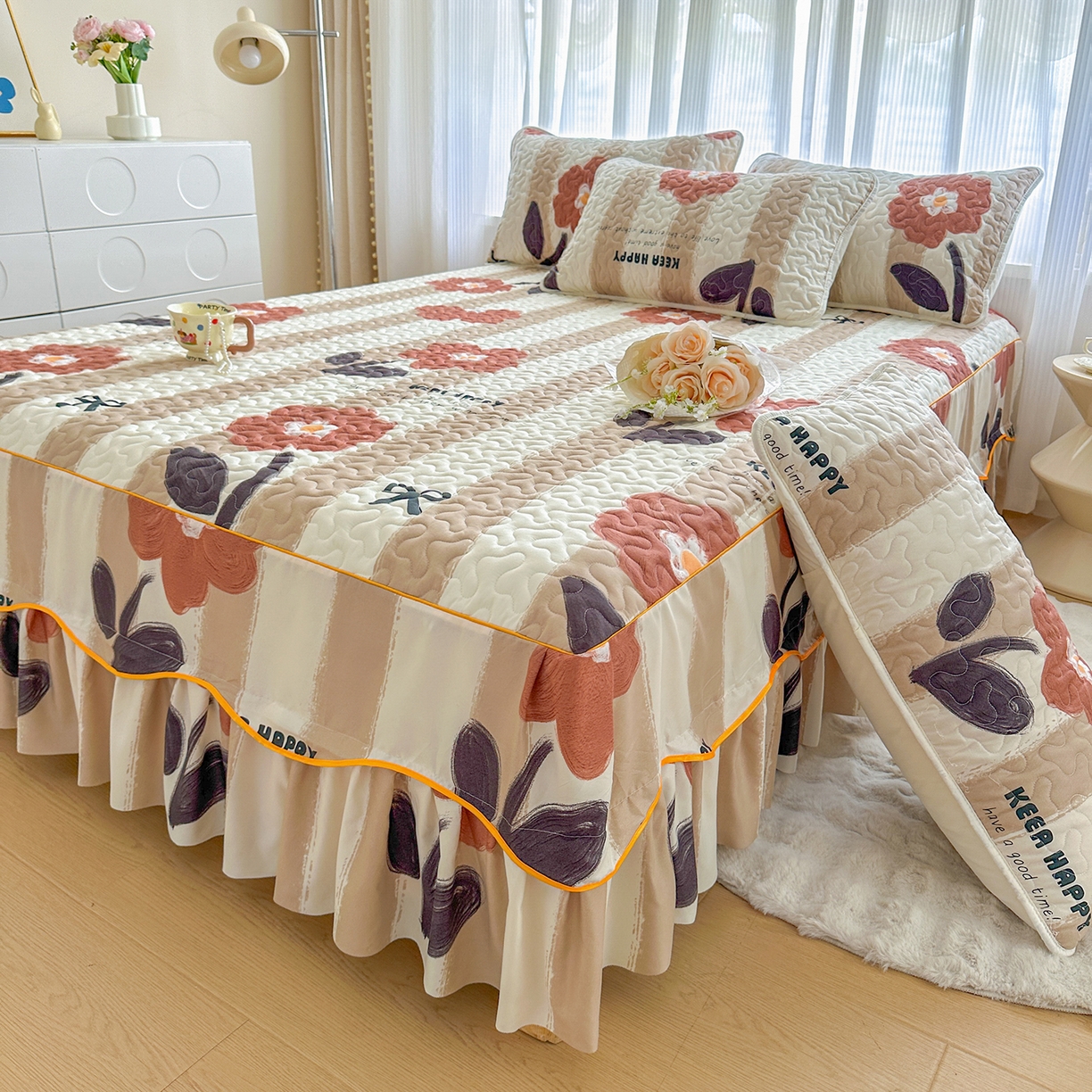 91家纺网 家纺一手货源 找家纺 （总）笠裙家纺 2025新款磨毛夹棉S边单件三件套韩版防滑床裙单床裙床裙单件