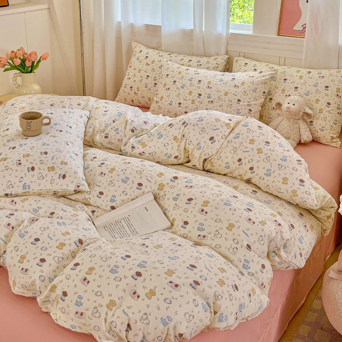 91家纺网 家纺一手货源 找家纺 斯卡诺家纺 2026爆款古法水洗仿棉四件套韩国小布袋五件套（高克重斜纹加厚） 西高地