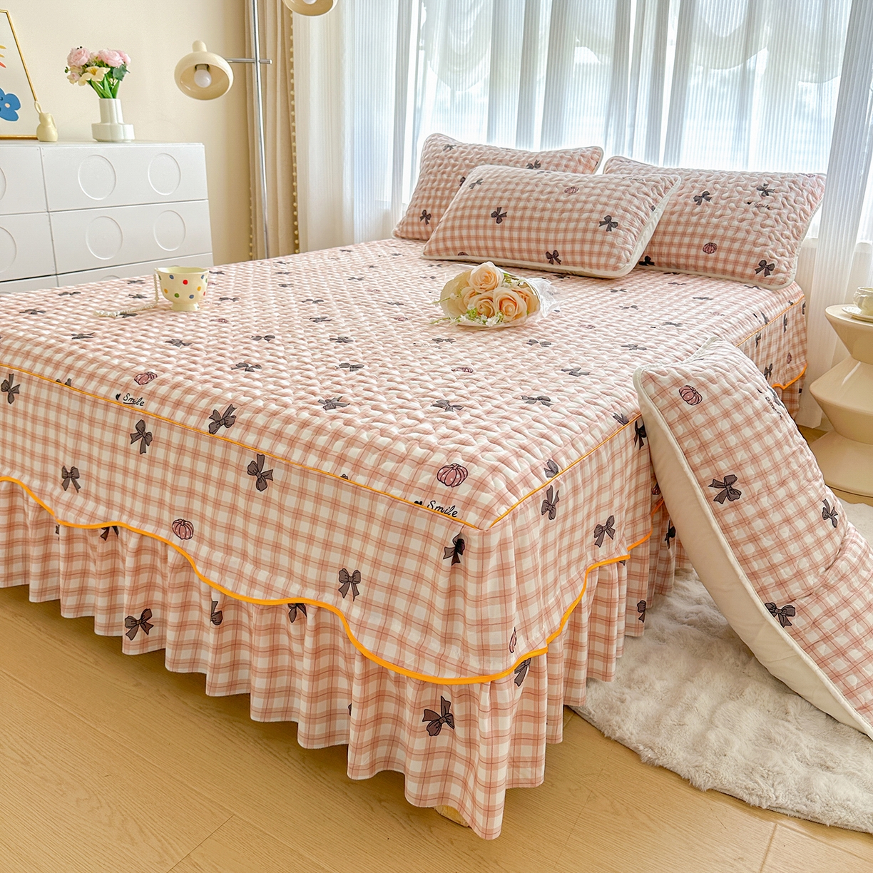 91家纺网 家纺一手货源 找家纺 （总）笠裙家纺 2025新款磨毛夹棉S边单件三件套韩版防滑床裙单床裙床裙单件