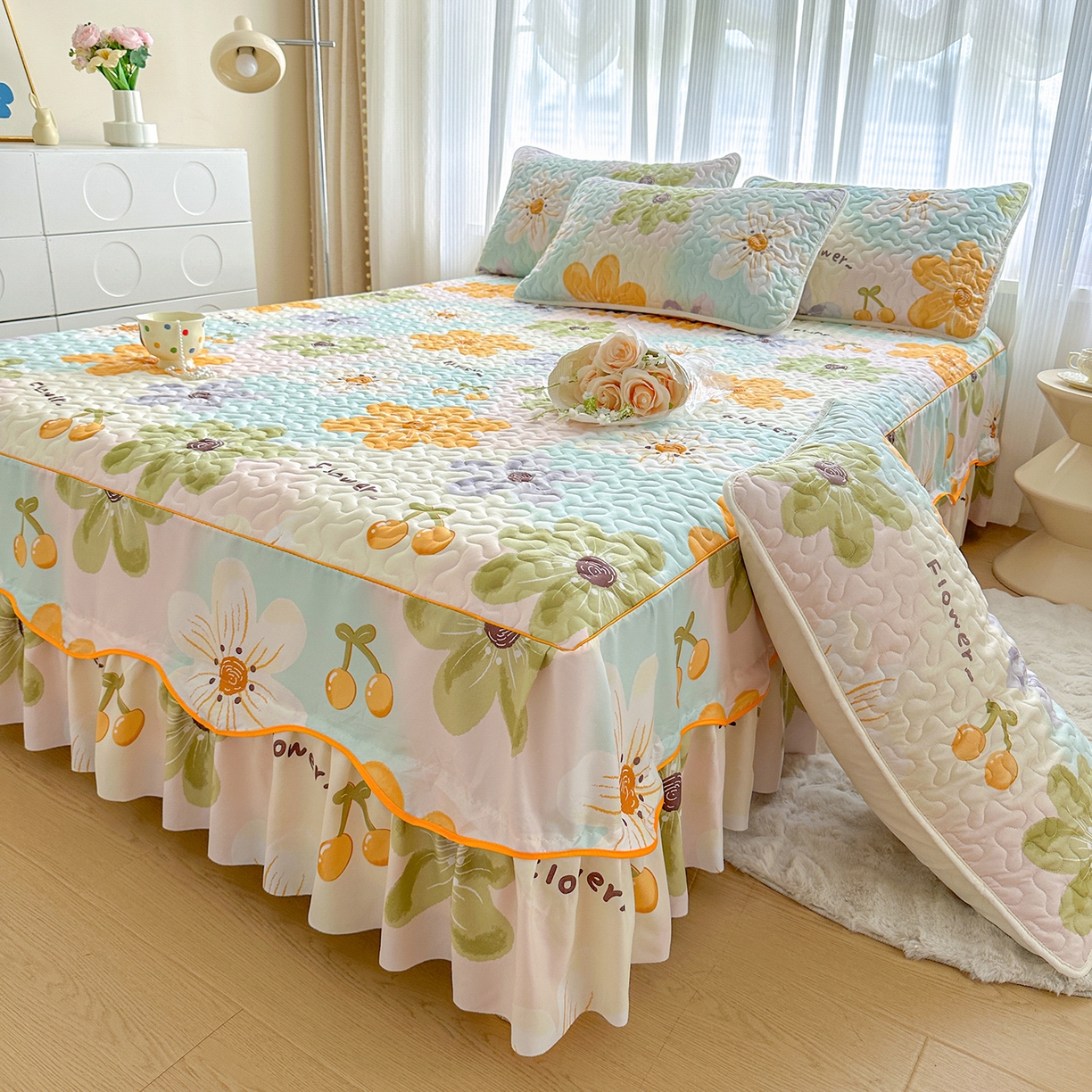 91家纺网 家纺一手货源 找家纺 （总）笠裙家纺 2025新款磨毛夹棉S边单件三件套韩版防滑床裙单床裙床裙单件