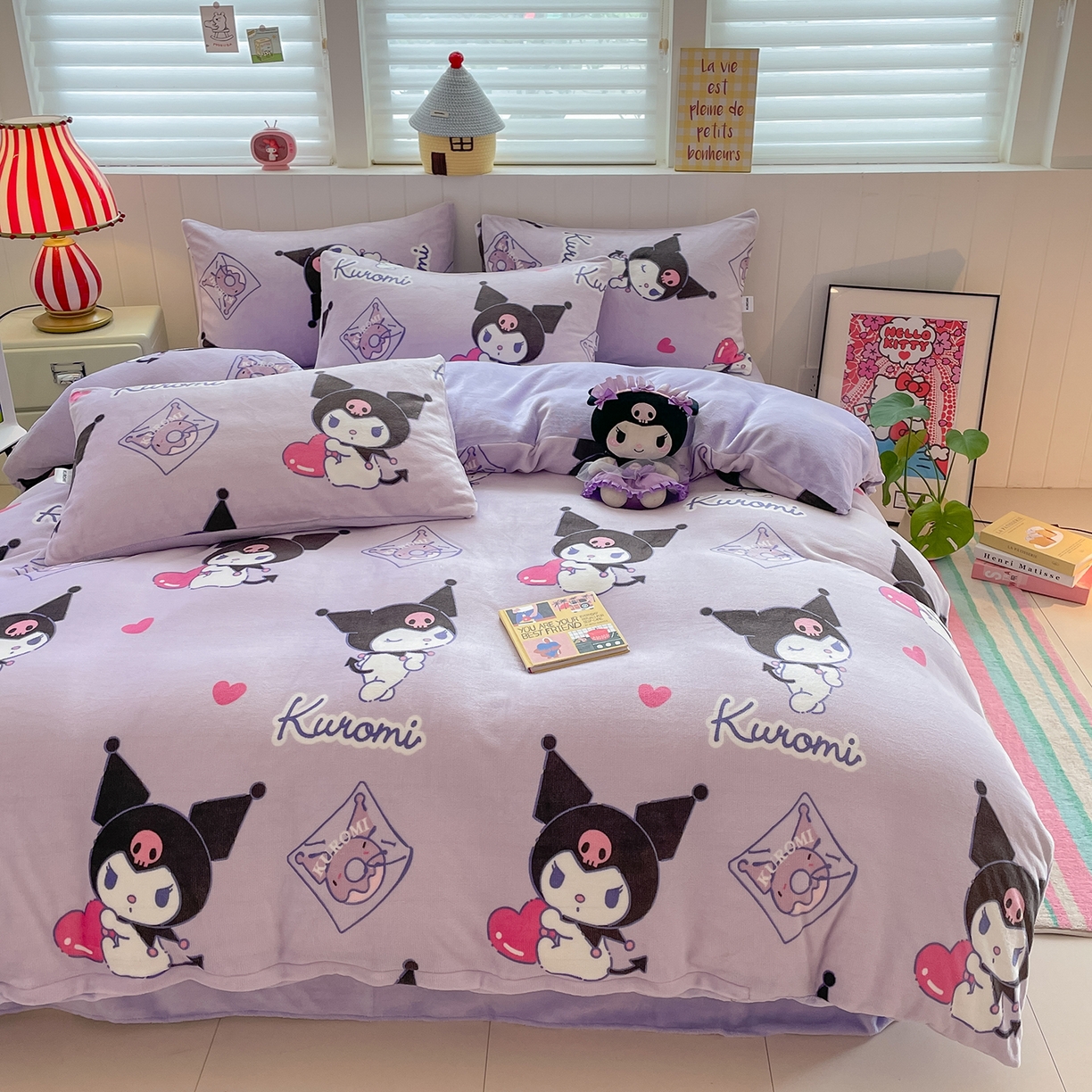 91家纺网 家纺一手货源 找家纺 金爱家 2025新款A类正版三丽鸥授权卡通加厚高克重牛奶绒系列四件套 绒三丽鸥-梦幻库洛米