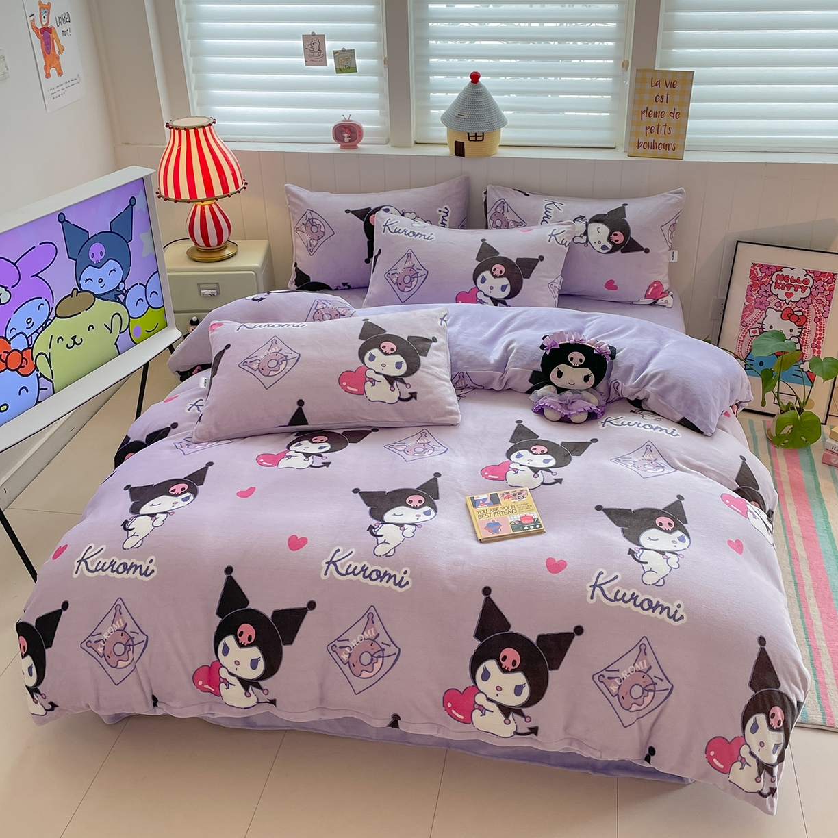 91家纺网 家纺一手货源 找家纺 金爱家 2025新款A类正版三丽鸥授权卡通加厚高克重牛奶绒系列四件套 绒三丽鸥-梦幻库洛米