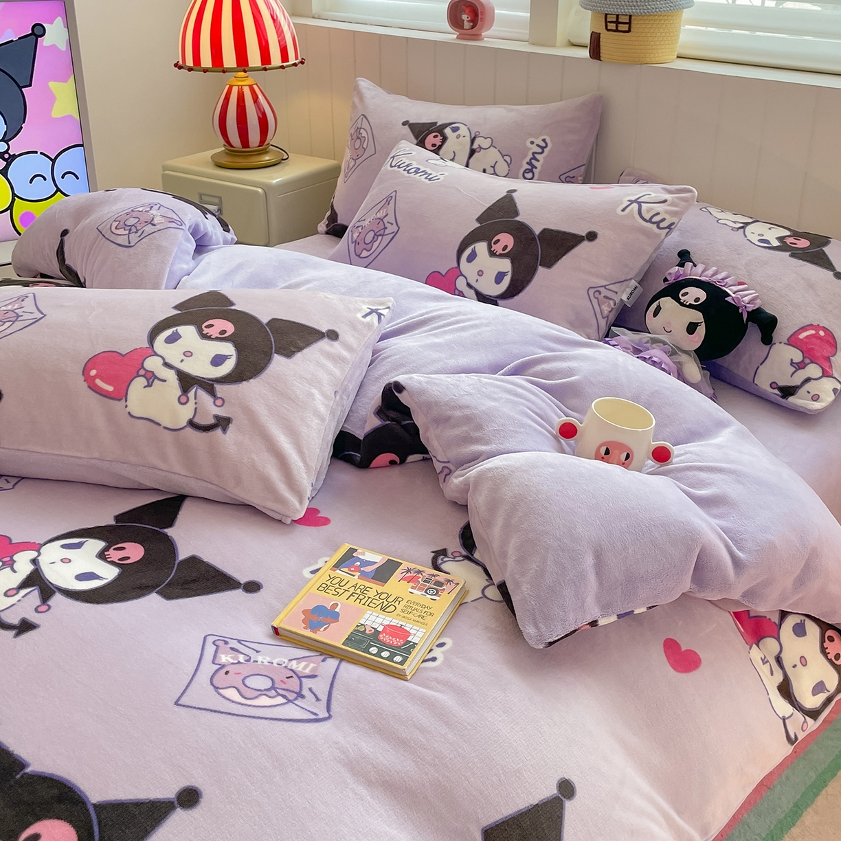 91家纺网 家纺一手货源 找家纺 金爱家 2025新款A类正版三丽鸥授权卡通加厚高克重牛奶绒系列四件套 绒三丽鸥-梦幻库洛米