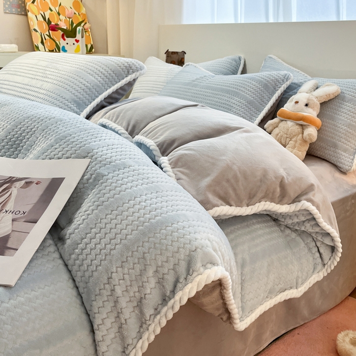 酱子 2025新款成品提花包边牛奶绒四件套 提花-蓝灰