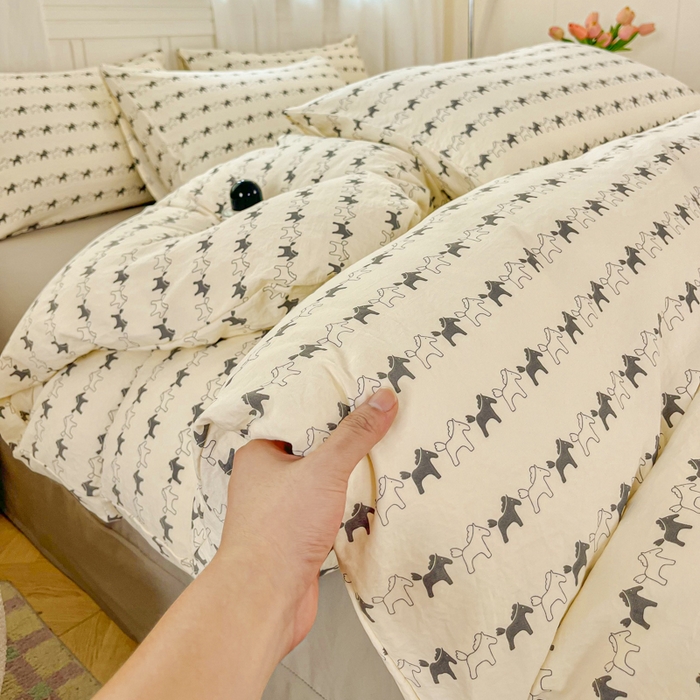 斯卡诺家纺 2026爆款古法水洗仿棉四件套韩国小布袋五件套（高克重斜纹加厚） 小木马