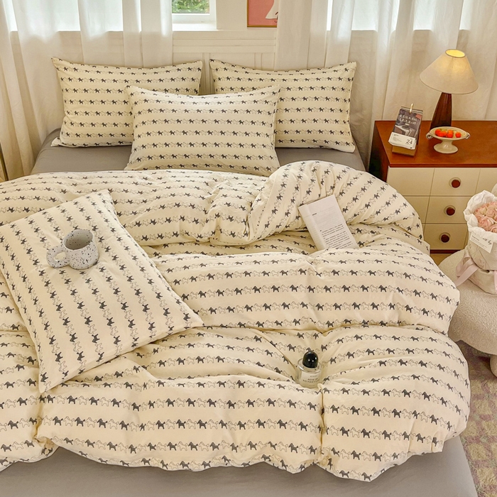 91家纺网 家纺一手货源 找家纺 斯卡诺家纺 2026爆款古法水洗仿棉四件套韩国小布袋五件套（高克重斜纹加厚） 小木马