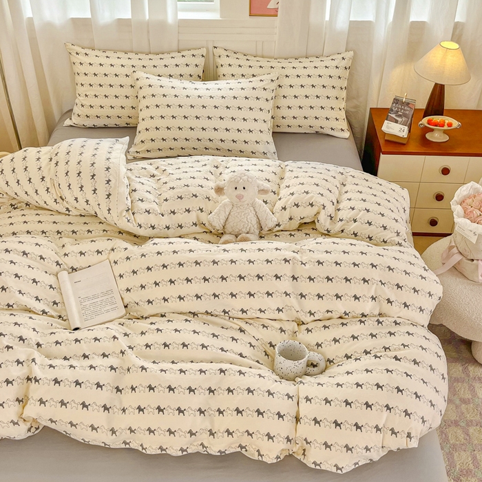 91家纺网 家纺一手货源 找家纺 斯卡诺家纺 2026爆款古法水洗仿棉四件套韩国小布袋五件套（高克重斜纹加厚） 小木马