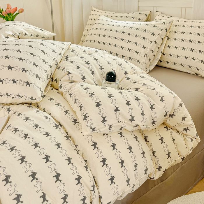 91家纺网 家纺一手货源 找家纺 斯卡诺家纺 2026爆款古法水洗仿棉四件套韩国小布袋五件套（高克重斜纹加厚） 小木马