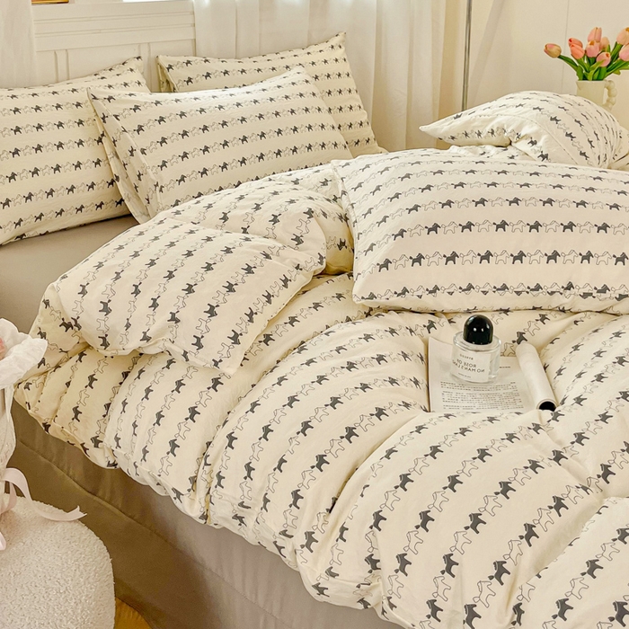 91家纺网 家纺一手货源 找家纺 斯卡诺家纺 2026爆款古法水洗仿棉四件套韩国小布袋五件套（高克重斜纹加厚） 小木马